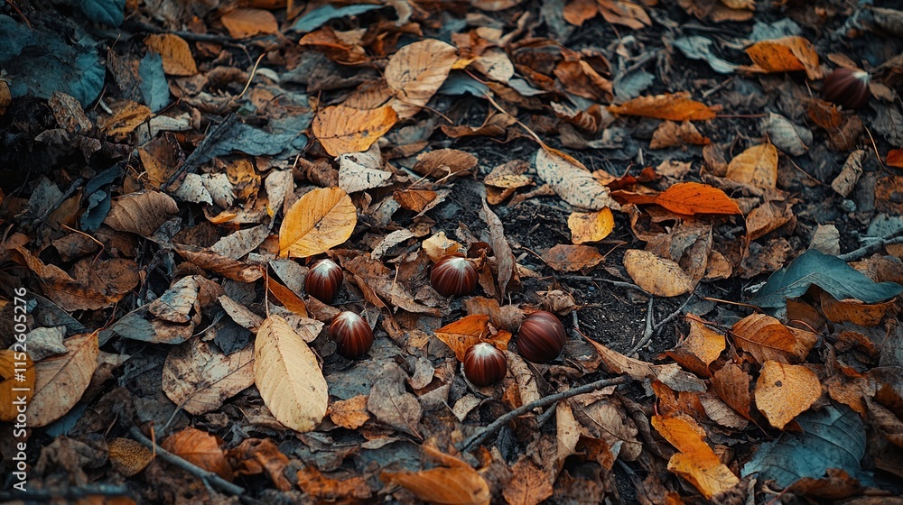 Freshly harvested chestnuts scattered across the forest floor, surrounded by fallen leaves in a peaceful rural scene. This image captures the essence of nut harvesting, evoking the natural beauty Freshly harvested chestnuts scattered across the forest floor, surrounded by fallen leaves in a peaceful rural scene. This image captures the essence of nut harvesting, evoking the natural beauty