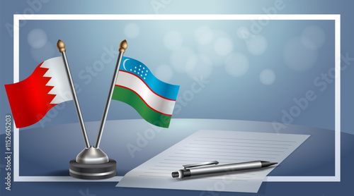 Bahrain and Uzbekistan National flags on small table with bokeh background, cooperative relationship