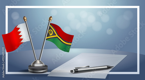 Bahrain and Vanuatu National flags on small table with bokeh background, cooperative relationship
