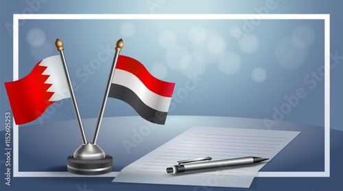 Bahrain and Yemen National flags on small table with bokeh background, cooperative relationship