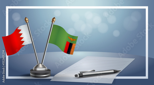Bahrain and Zambia National flags on small table with bokeh background, cooperative relationship