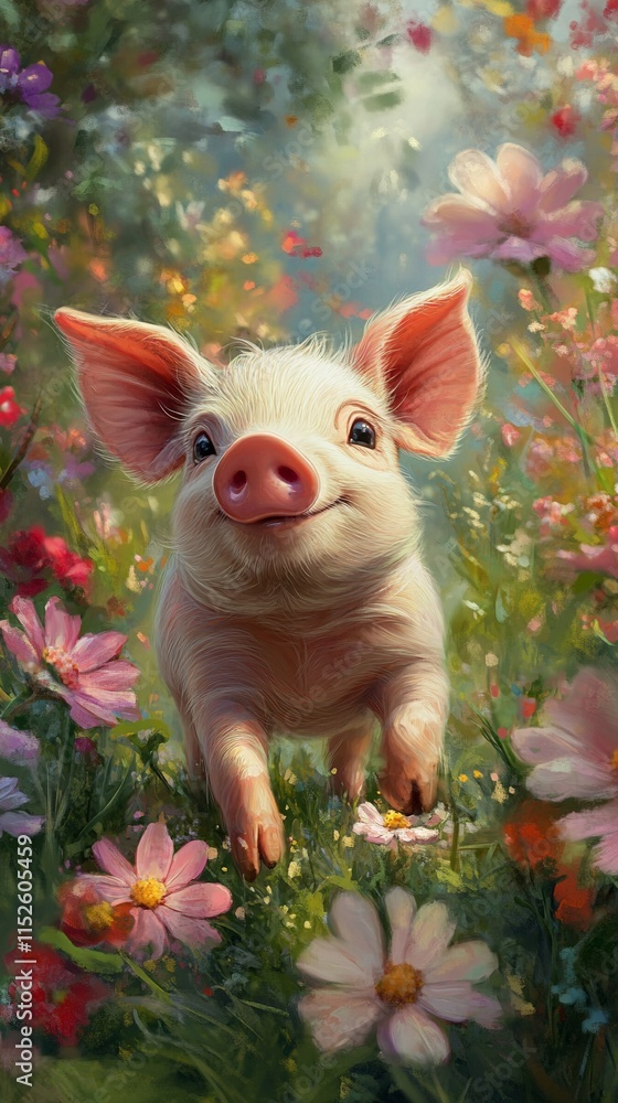 Adorable piglet frolics amidst vibrant blossoms Adorable piglet frolics amidst vibrant blossoms