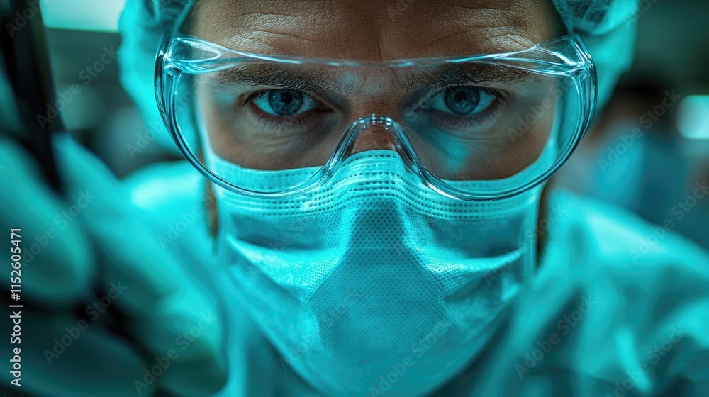 Focused surgeon in operating room with sterile gear and intense gaze Focused surgeon in operating room with sterile gear and intense gaze