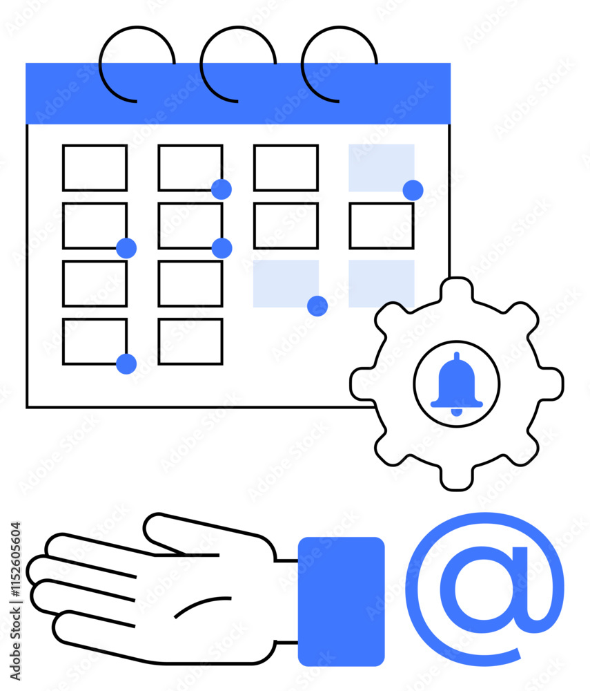 Calendar with dots, gear with notification bell, hand, and email symbol. Ideal for schedule, reminders, organization, productivity planning communication efficiency. Line metaphor Calendar with dots, gear with notification bell, hand, and email symbol. Ideal for schedule, reminders, organization, productivity planning communication efficiency. Line metaphor
