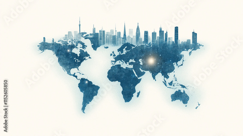 Wallpaper Mural Global Reach: A world map with a city skyline emerging from its surface, symbolizing the interconnectedness of our world and the potential for global growth.  Torontodigital.ca
