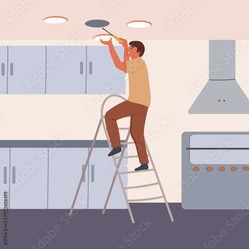 Ceiling light installation. Electrician installing, adjusting electrical lamp during home renovation. Worker on ladder fixing overhead lightbulb. Hand drawn vector illustration .