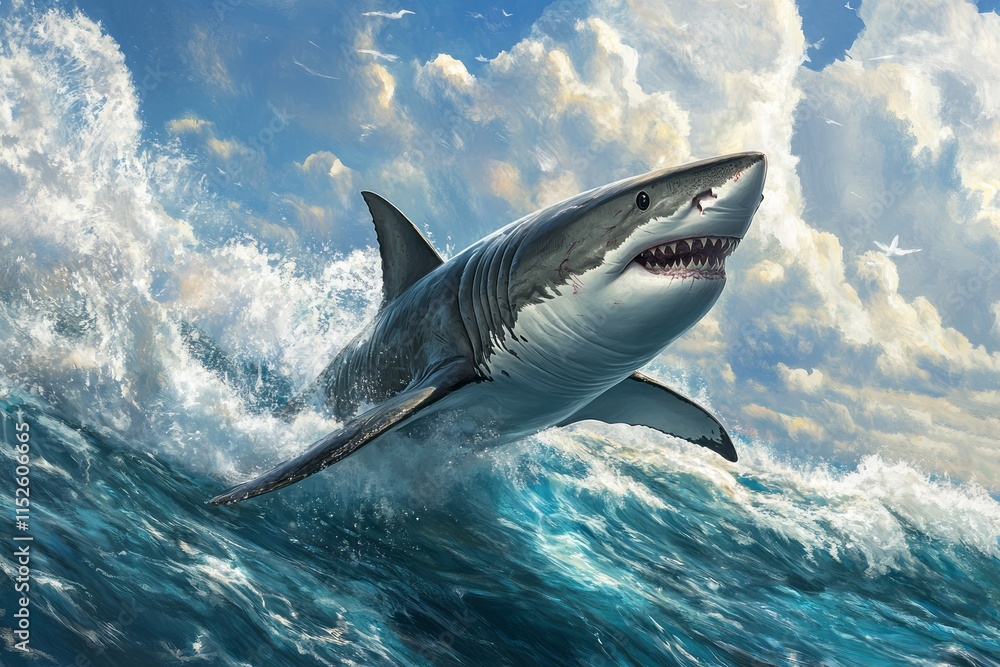 Fototapeta premium Great White Shark Leaping Through Ocean Waves