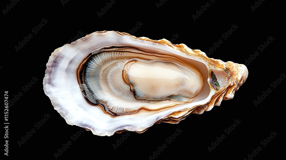 Close-up view of a single fresh oyster shell isolated on a black background. Close-up view of a single fresh oyster shell isolated on a black background.