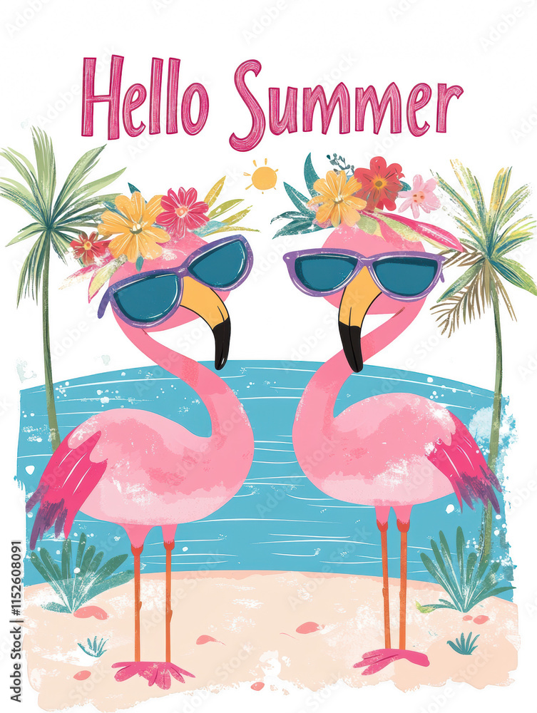 Obraz premium Fun Flamingos in Sunglasses with Flower Hats
