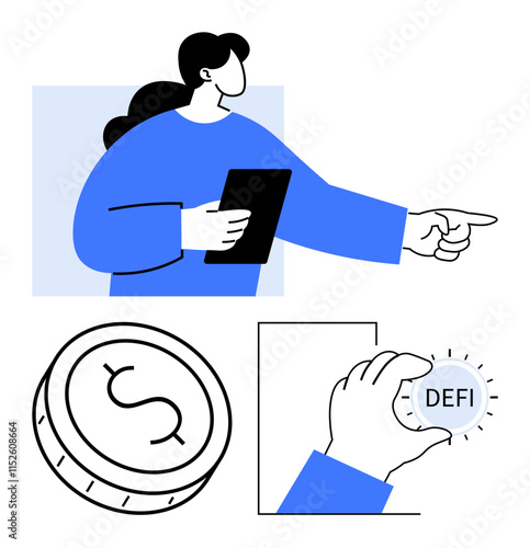 Person holding tablet, pointing to the right. Hand holding DEFI coin. Dollar coin illustration. Ideal for finance, investment, cryptocurrency, digital banking, fintech technology online