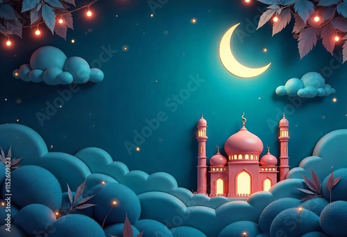 Islamic night decoration background with mosque, crescent moon, leaves, cloud cartoon style design for Ramadan Kareem, iftar, Isra Miraj, eid al Fitr Adha, Muharram
