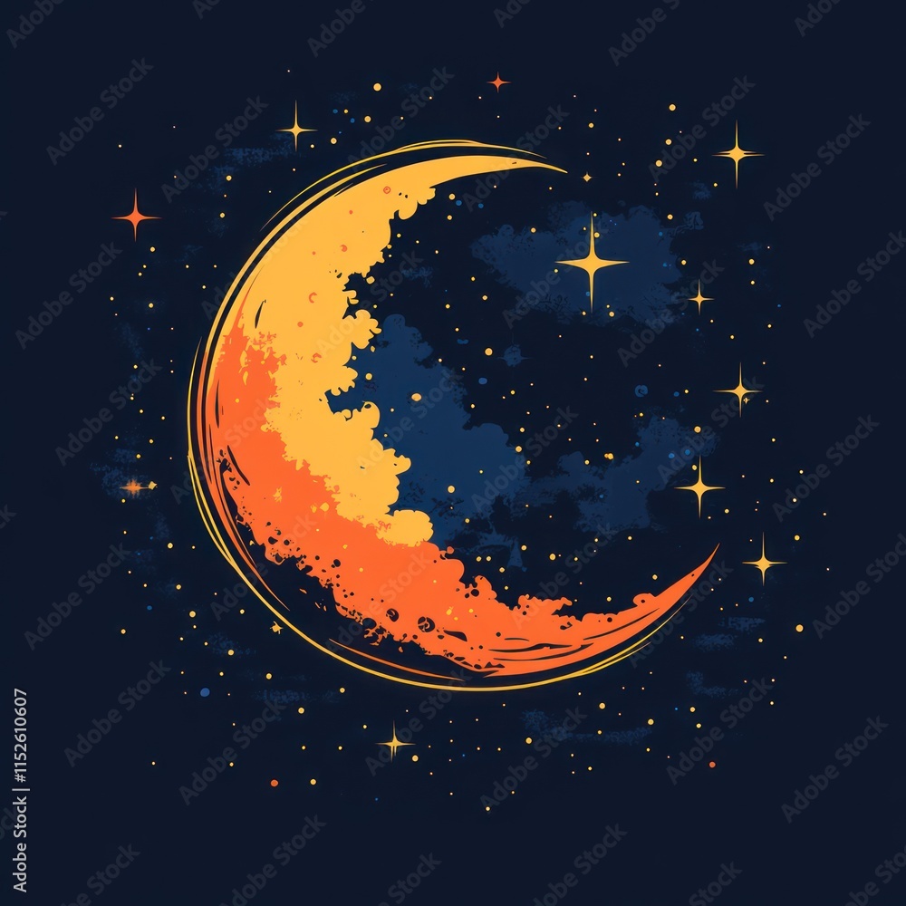 Naklejka premium A stylized crescent moon in orange and blue hues surrounded by stars and clouds.