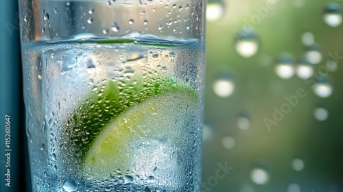 A refreshing glass of water with lime, beaded with condensation, set against a blurred backdrop of droplets. photo