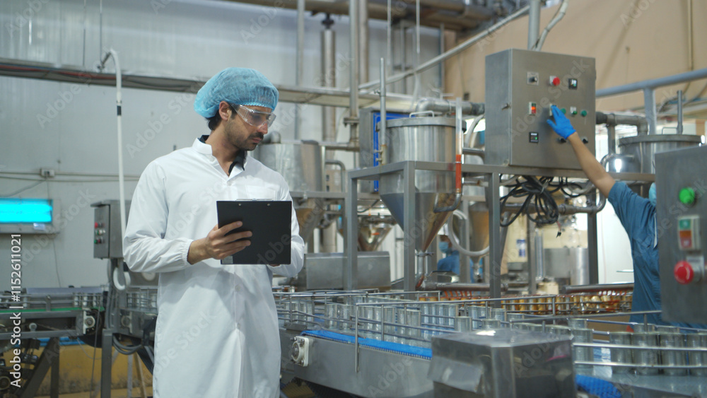 Production control supervisor inspects and controls the operation of each step in the production line of a canned fish factory Production control supervisor inspects and controls the operation of each step in the production line of a canned fish factory