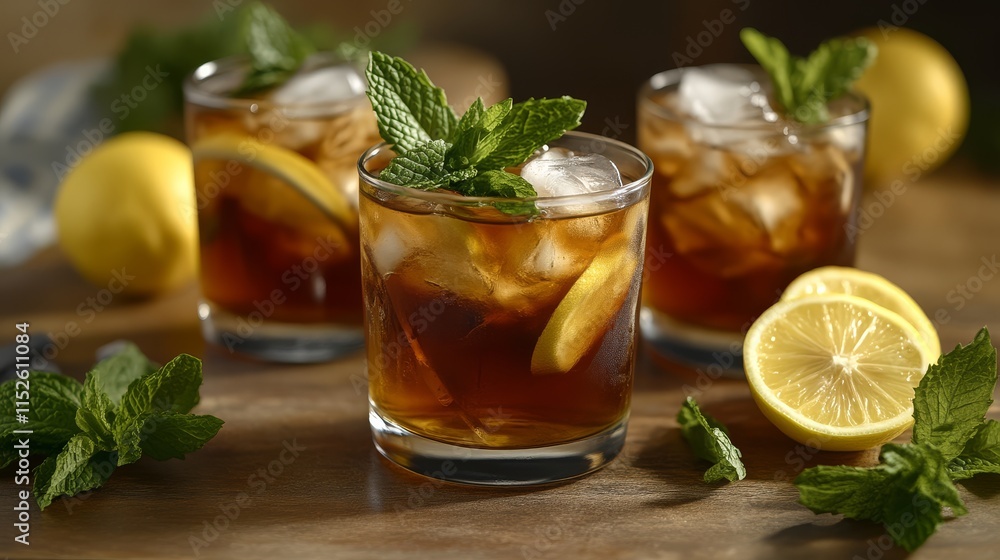 Refreshing iced tea with mint and lemon served in glasses, perfect for a hot day. Refreshing iced tea with mint and lemon served in glasses, perfect for a hot day.
