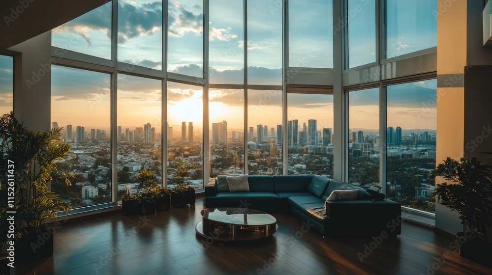 Fototapeta premium Sunset Cityscape View from Luxurious Penthouse Apartment