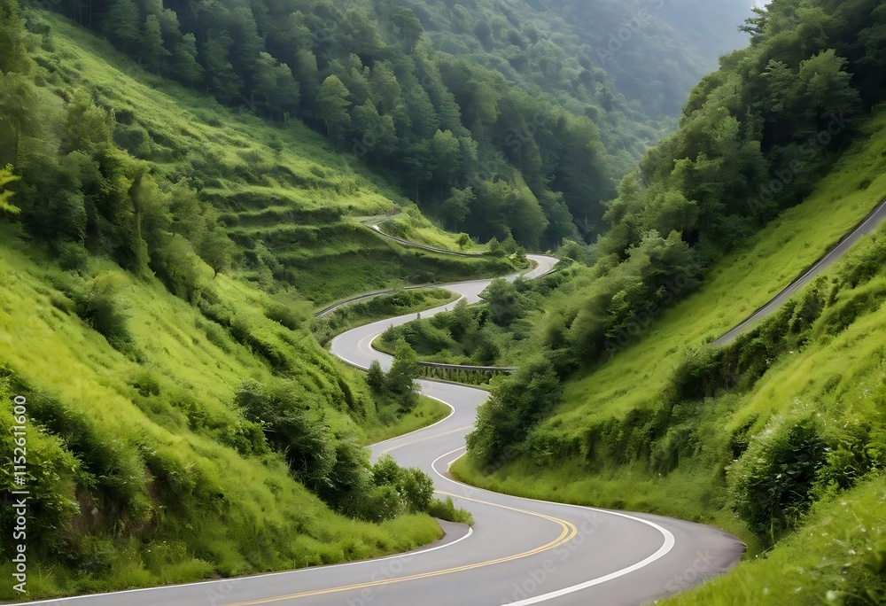 Fototapeta premium Curvy mountain road surrounded by lush greenery, with a cut-out effect highlighting the winding path.