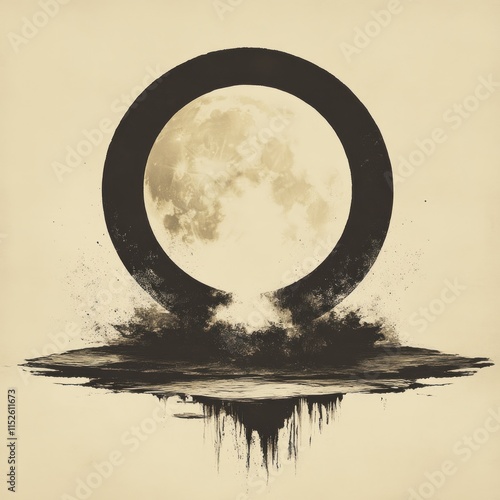 A stylized depiction of a full moon within a circular frame, surrounded by dark, swirling elements. photo