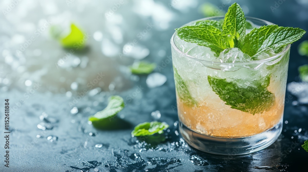 A refreshing cocktail with mint leaves and ice, served in a glass, perfect for a summer drink. A refreshing cocktail with mint leaves and ice, served in a glass, perfect for a summer drink.