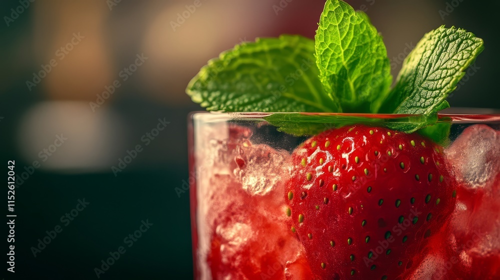 A refreshing strawberry cocktail garnished with mint and ice, offering a vibrant and tantalizing drink experience. A refreshing strawberry cocktail garnished with mint and ice, offering a vibrant and tantalizing drink experience.