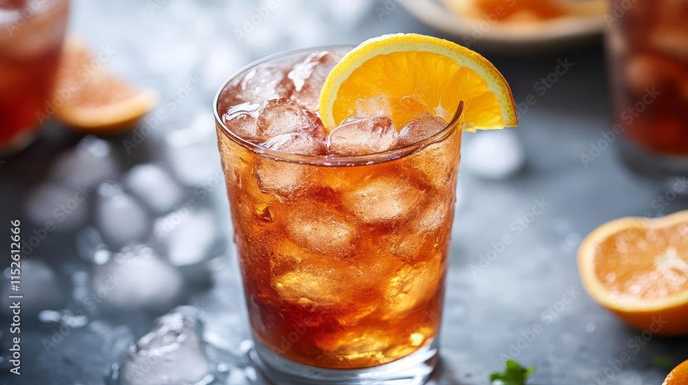A refreshing iced beverage garnished with a slice of orange, served in a glass filled with ice, perfect for warm weather enjoyment. A refreshing iced beverage garnished with a slice of orange, served in a glass filled with ice, perfect for warm weather enjoyment.