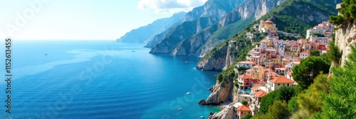 Dramatic cliffs overlooking azure waters, charming town below , buildings, shoreline, holiday