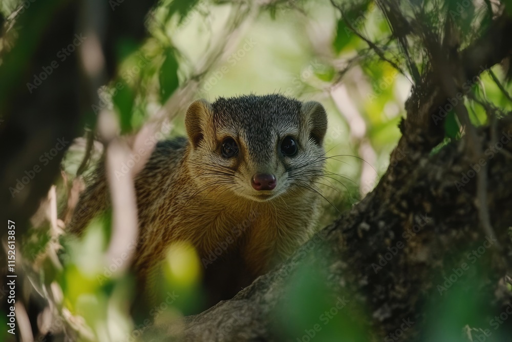 A Young Striped Dwarf Mongoose Hiding in Foliage A Young Striped Dwarf Mongoose Hiding in Foliage