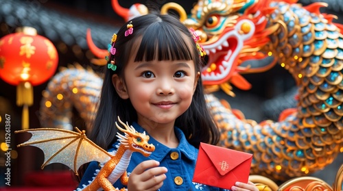 A young girl with bright, curious brown eyes and silky black hair adorned with tiny, colorful Chinese lantern clips, stands with a gentle smile, holding a small, intricately detailed toy dragon with s photo