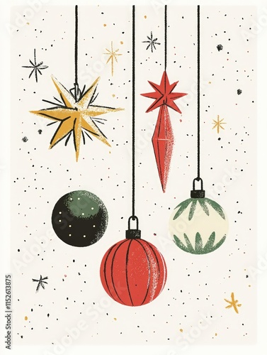 A festive illustration featuring colorful Christmas ornaments hanging against a starry background.