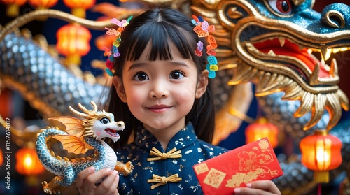 A young girl with bright, curious brown eyes and silky black hair adorned with tiny, colorful Chinese lantern clips, stands with a gentle smile, holding a small, intricately detailed toy dragon with s photo