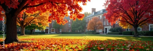 Crimson and gold leaves blanket a calm college quadrangle in morning light , red, november, landscape