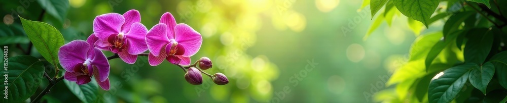 Obraz premium Lush green canopy, vibrant orchids, sunlight dappled, foliage, blossoms, view