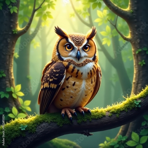 Smiling owl perched on mossy branch, sunlight dappled forest, branch, adorable, light photo