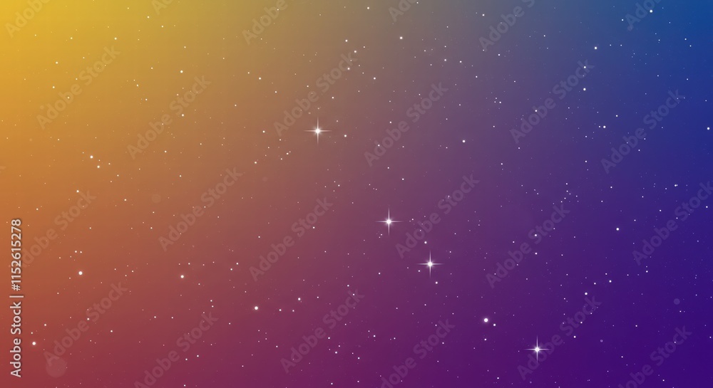 Fototapeta premium Cosmic Dreamscape: A captivating gradient background in vibrant hues of yellow, orange, purple, and blue, adorned with twinkling stars, evokes a sense of cosmic wonder and boundless possibilities.