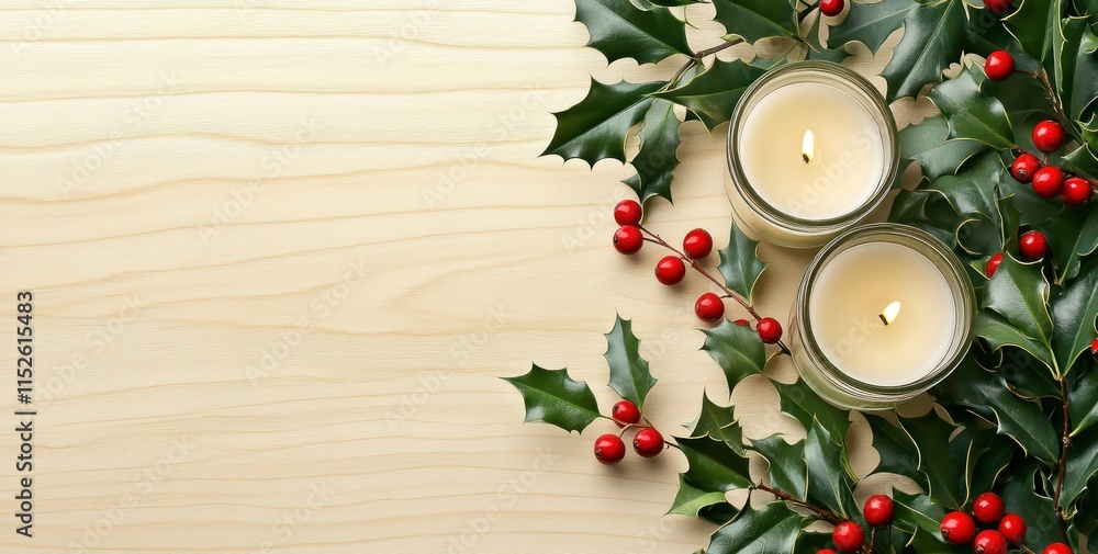 Two lit candles with holly and berries on a wooden surface. Two lit candles with holly and berries on a wooden surface.