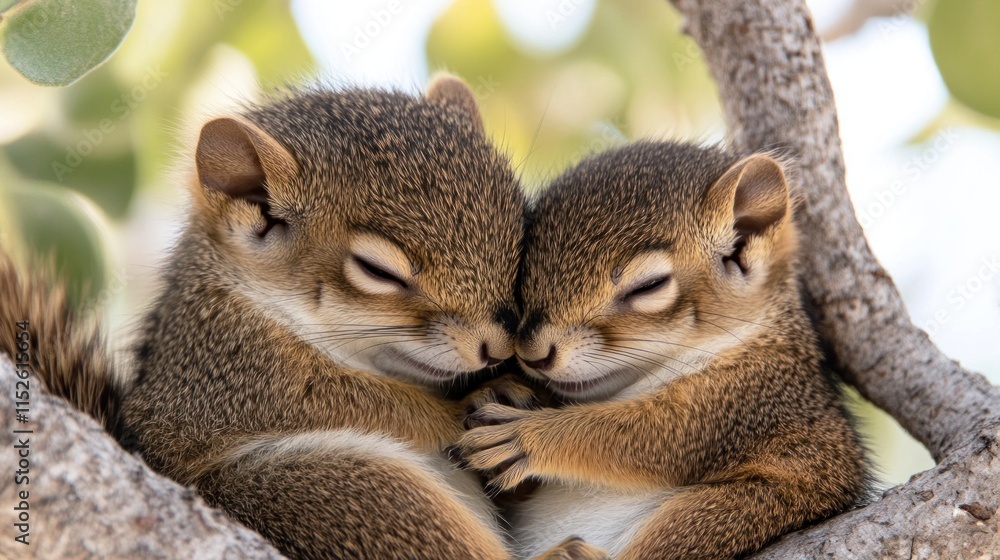Obraz premium Two adorable baby squirrels cuddling on a tree branch, eyes closed, sleeping peacefully.