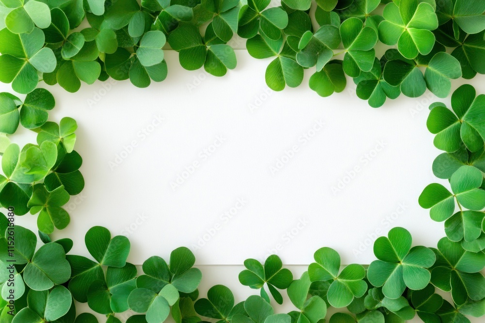 White background framed by vibrant green clover leaves, ideal for text or design. White background framed by vibrant green clover leaves, ideal for text or design.