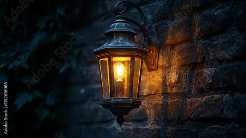 Illuminated antique lantern on brick wall at night.