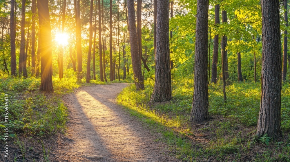 Fototapeta premium Sunset illuminating path through lush green forest.