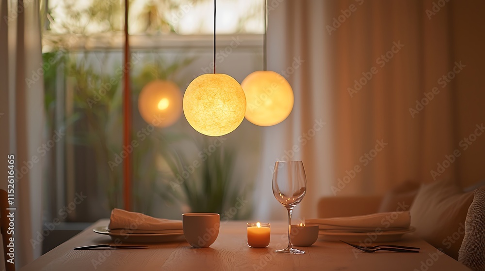 A set pendant lights shaped like glowing orbs hanging over a cozy breakfast nook A set pendant lights shaped like glowing orbs hanging over a cozy breakfast nook