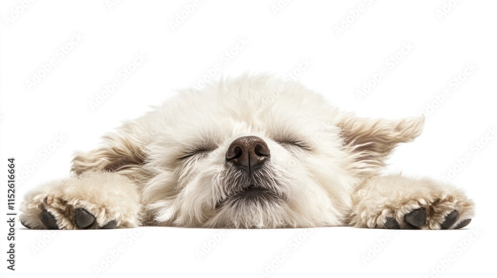 A fluffy white dog peacefully sleeps on a white background, its eyes closed and paws outstretched. A fluffy white dog peacefully sleeps on a white background, its eyes closed and paws outstretched.