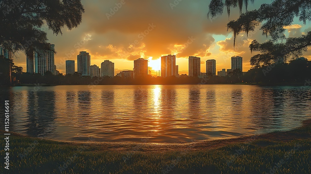 Fototapeta premium Cityscape Sunset Reflected in Calm Water