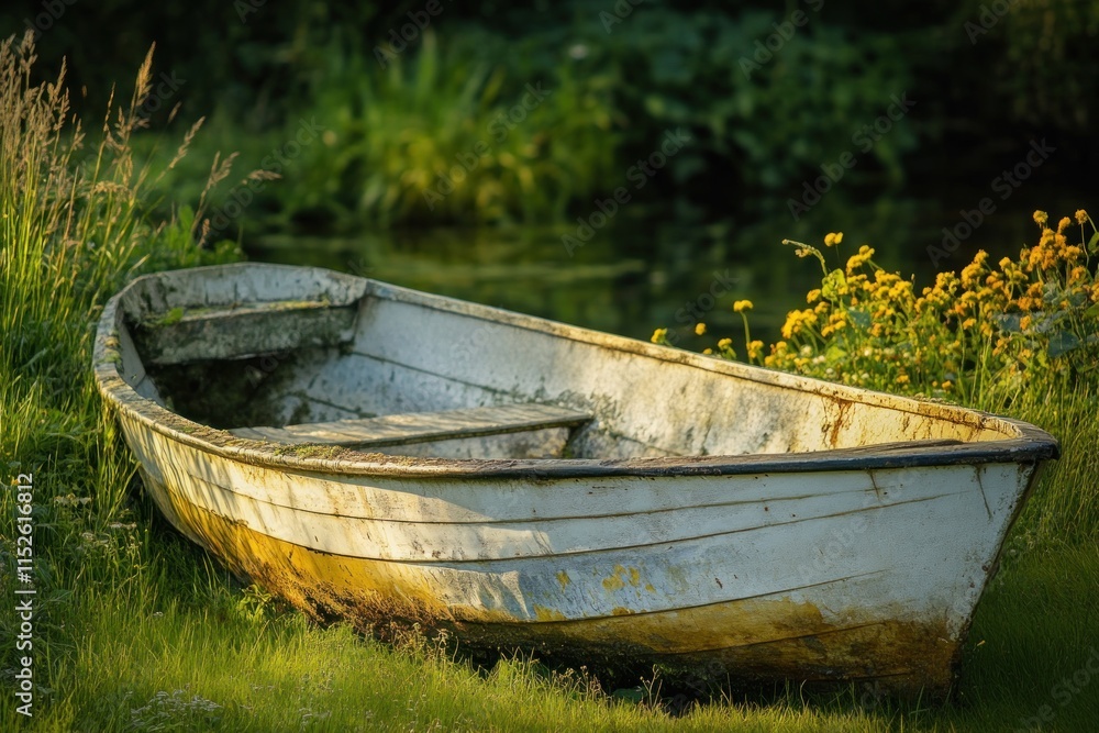Old Wooden Rowboat on Grassy Riverbank with Yellow Flowers Old Wooden Rowboat on Grassy Riverbank with Yellow Flowers