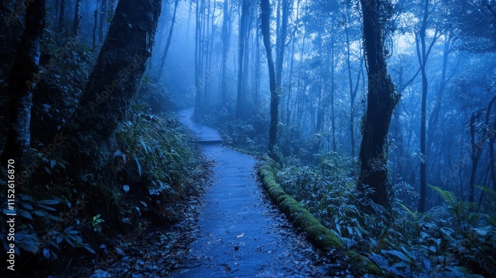 Fototapeta premium Misty forest path winding through lush vegetation.