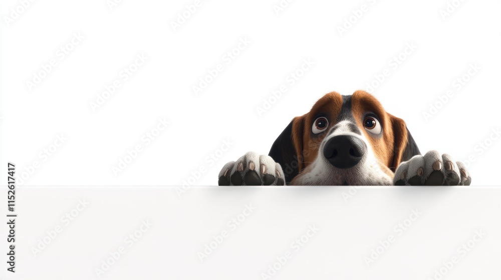 Curious beagle dog peeking over white surface, looking up. Curious beagle dog peeking over white surface, looking up.