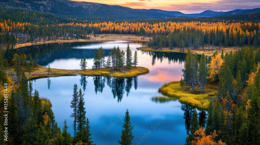 Fototapeta premium Serene autumn sunset over a calm lake surrounded by golden trees and mountains.