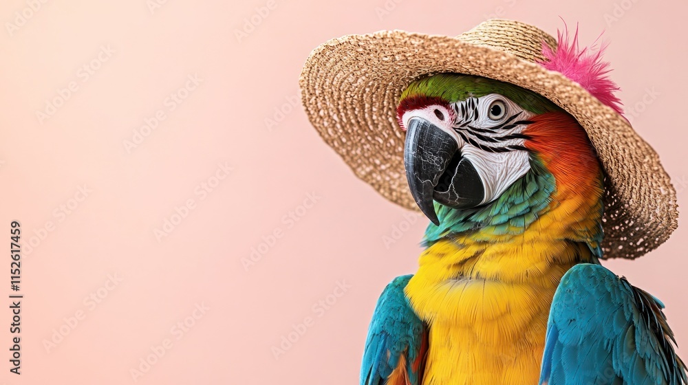 Obraz premium Colorful macaw parrot wearing a straw hat against a pink background.