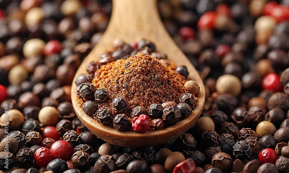 Wooden Spoon Filled with Ground and Whole Peppercorns