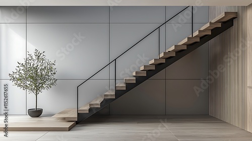 A sleek and modern staircase featuring black metal handrails and floating wooden steps in a luxury penthouse with minimalist decor.