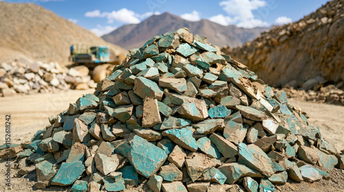 Shimmering Raw Copper Ore Mound on Uneven Landscape with Mountains in Background photo